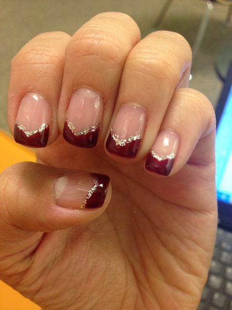 French Tip Nails With Burgundy Design, French Tip Acrylic Nails Burgundy, Red And Silver Tip Nails, Burgundy And Silver French Tip Nails, Burgundy Nails With Silver French Tips, Simple Holiday French Tip Nails, Holiday Nail Tips, Red Christmas Nails French Tip, Burgundy Wedding Nails Brides