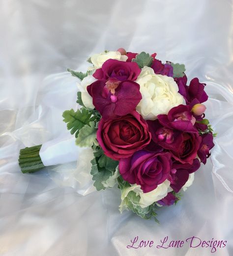 Purple and magenta bridal bouquet made with real touch roses, orchids and dusty miller Magenta Bridal Bouquet, Magenta Bouquet, Magenta Wedding, Magenta Rose, Gold Bridesmaids, Dusty Miller, Idea Board, Atticus, White Bouquet