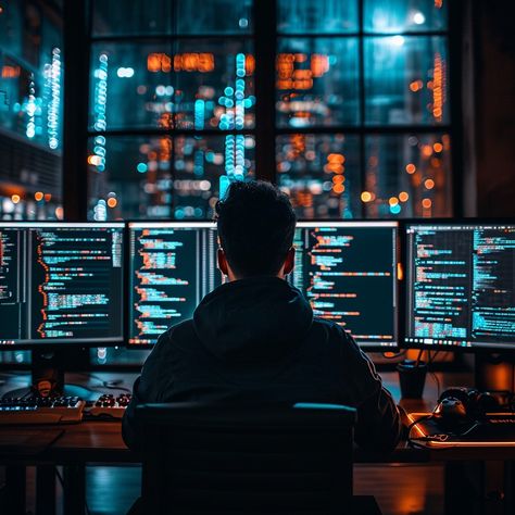 Coder at Night: A dedicated programmer working late into the night amidst a sea of glowing code on multiple monitors. #coding #programmer #technology #computers #night #cityscape #development #software #aiart #aiphoto #stockcake https://ayr.app/l/gcrD Computer Images Technology, Computer Coding Aesthetic, Coding Programming Aesthetic, Software Developer Aesthetic, Computer Science Student Aesthetic, Software Aesthetic, Coder Aesthetic, Cs Aesthetic, Coding Motivation