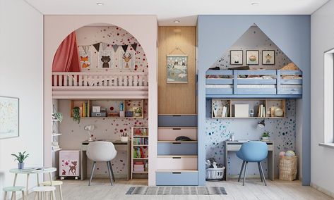 Double loft bunk bed in blue and pink with desk underneath All In One Bedroom, Best Bunk Beds, Bed With Desk Underneath, Double Loft Beds, Bunk Bed For Kids, Loft Bunk Bed, Futon Bunk Bed, Bed Bunk, Children's Bedroom Ideas