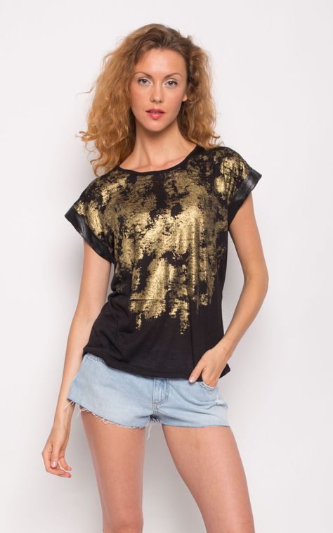 Gold color print summer holiday t-shirt features:  -fashion gold color print t-shirt   -pu leather around sleeves  -front pocket detail  -gold color metal zip on the back    s/m fit uk size 8-10  m/l fit uk size 10-12. Work from home, Summer, Date night in, Staycation, Printed, Short Sleeve, Roundneck, T-Shirt Winter Jumpsuit, Christmas Day Outfit, Black High Heel Boots, Gold Print, Short Sleeve T Shirt, Color Print, Gold Fashion, Summer Holiday, Pocket Detail