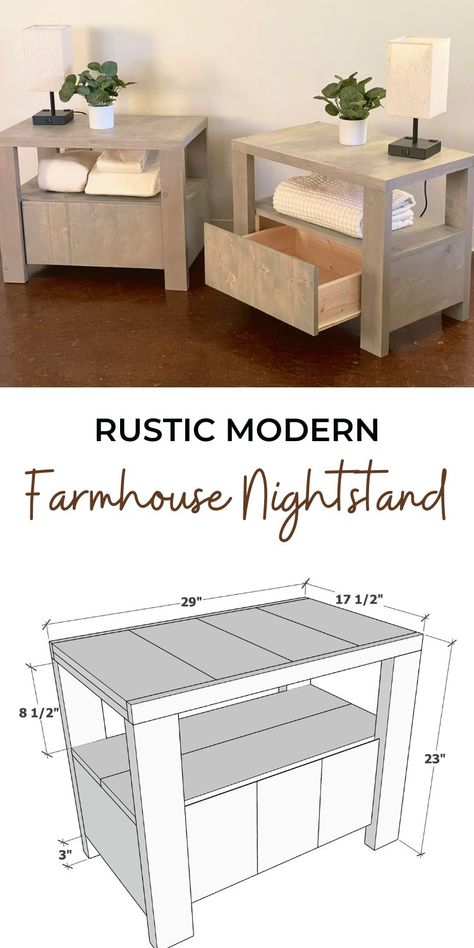 Diy Small Nightstand Bedside Tables, Homemade Nightstand Bedside Tables, Pallet Nightstand Diy, Diy Nightstand With Drawer, Diy Nightstand Ideas, Bedroom Nightstand Ideas, Modern Farmhouse Nightstand, Farmhouse Night, Diy Night Stand