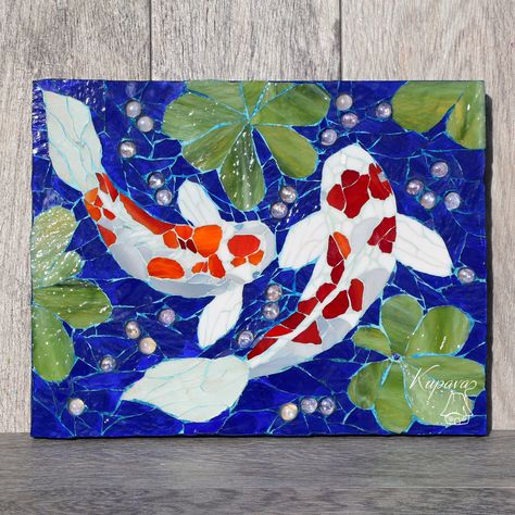 "This koi fish art is an awesome and beautiful piece of mosaic wall decor. ◆HERE IS SOME IMPORTANT INFO FOR YOUR ORDER ▪ This mosaic will be made especially for your order ▪ Your mosaic will be very close to what you see in the picture, but not exactly the same. ▪ Glass shades may vary, but will remain within the same color ▪ Some of the details in the mosaic will depend on the size you choose - the larger the size the more space for detail ▪ The piece will take up to several weeks to make If yo Koi Mosaic, Fish Room Decor, Tropical Fish Art, Fish Mosaic, Koi Fish Art, Garden Mosaics, Fish Room, Mosaic Birdbath, Wall Mosaic