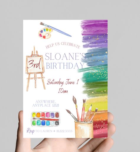 Art theme birthday invitation, rainbow paint and gold glitter, paintbrush, painting, coloring, little girl birthday party, age customizable Art Themed Party Invitations, Paint Birthday Party Invitations, Art 5th Birthday Party, Sip And Paint Birthday Invitations, Art Gallery Birthday Party, Dates Background, Paintbrush Painting, Artist Birthday Party, Art Birthday Party Invitations