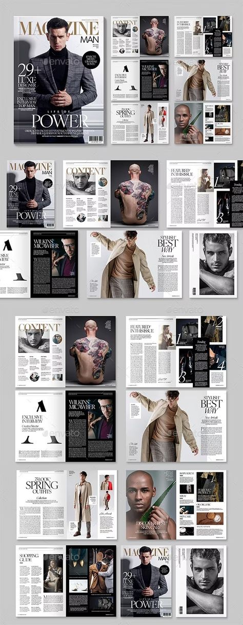 Men's Fashion Magazine Template, Print Templates | GraphicRiver Streetwear Magazine Layout, Movie Magazine Layout, Tabloid Layout, Fashion Magazine Layout Design, Layout Design Magazine, Magazine Page Design, Fashion Magazine Template, Magazine Page Layouts, Fashion Resume