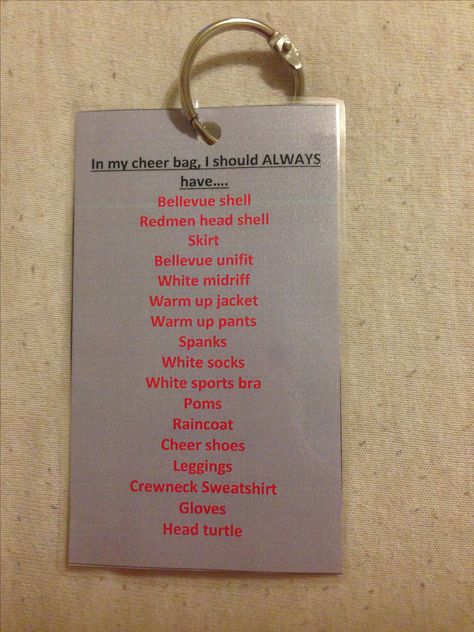 Cheer bag reminder clips- list of what to have in cheer bag laminated with a binder ring to attach to zipper on bag Cheer Captain Binder, Cheer Binder Ideas, Cheer Captain Binder Ideas, Cheer Coach Bag Essentials, Cheer Coach Must Haves, Cheer Gear Ideas, Cheer Coach Ideas, Cheer Captain Ideas, Cheer Director