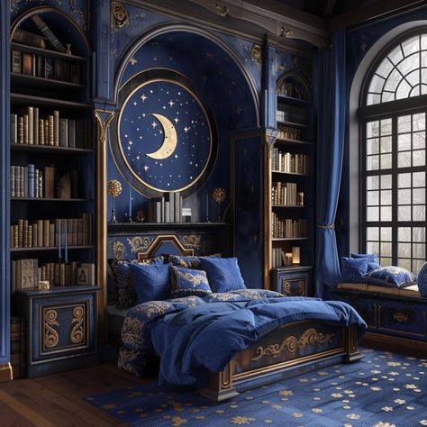 Elaborate and Ornate Ravenclaw Themed Fantasy Bedrooms - Hogwarts Inspired Interior Design - Rich Deep Blues and Gold Bedroom Decor Indigo Room Aesthetic, Blue House Interior Design, Midnight Blue Room, Ravenclaw Aesthetic Room, Midnight Blue Bedroom Ideas, Ravenclaw Bedroom Aesthetic, Gold And Blue Aesthetic, Celestial Interior, Ravenclaw Bedroom Ideas