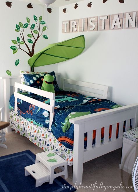 Simply Beautiful By Angela: DIY Toddler Bed Rails on the Cheap. Dinosaur Toddler Room, Dinosaur Boys Room, Diy Toddler Bed, Toddler Bed Boy, Dinosaur Decor Bedroom, Bed Rails For Toddlers, Creative Kids Rooms, Dinosaur Bedroom, Boy Toddler Bedroom