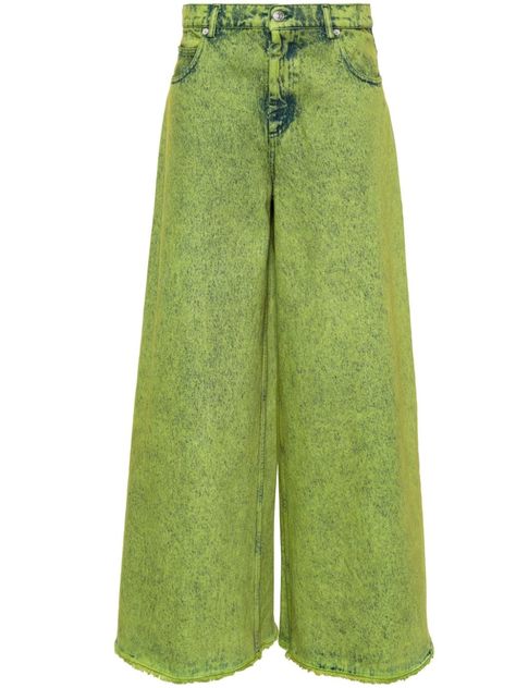 green cotton denim bleach wash garment dyed high-rise belt loops classic five pockets wide leg logo patch to the rear concealed fly and button fastening Cool Pants Design, Nina Chuba, Denim Bleach, Complex Emotions, Dress Reference, Whoville Christmas, Green Belt, Green Jeans, Acid Wash Denim