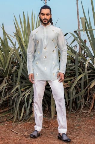 Runit Gupta | Designer Kurta, Nehru Jackets and Sets, Shirts for Men Short Kurta For Men, Lotus Motif, Men Fashion Photo, Blue Kurta, Silk Pant, Pajama Pattern, Short Kurta, Nehru Jackets, Embroidered Shorts