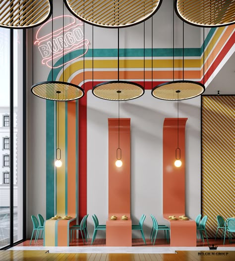 B U R G O :: Behance Urban Design Interior, Cafeteria Design Ideas Interiors, Colorful Hotel Lobby, Layered Interior Design, Retro Cafe Interior Design, Colorful Hotel Room, Colourful Office Design, Interior Design Mexico, Pixel Interior