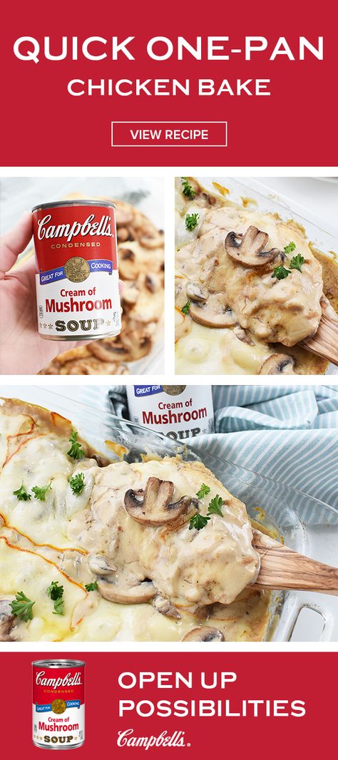 Ooey, gooey, bubbly cheese and a thick, rich, creamy sauce are the shining stars of this Quick One-Pan Chicken Bake with Cheese! Learn how to create this tasty dish for your dinner table with help from Campbell’s® Condensed Cream of Mushroom Soup—a true pantry staple. Click for the full recipe! Chicken Cooked In Cream Of Mushroom Soup, Chicken With Cream Of Mushroom Soup Recipes, Campbell Chicken Recipes, Cream Of Mushroom Soup With Chicken, Cream If Mushroom Chicken Bake, Chicken In Cream Of Mushroom Soup, Chicken And Mushroom Soup Casserole, Cream Of Mushroom Sauce For Chicken, Chicken In Cream Of Chicken Soup