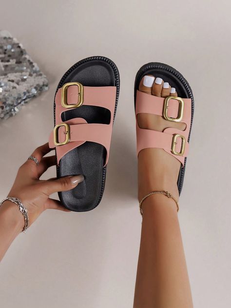 Pink Fashionable Collar   Plain Wedges Slide Sandals Embellished   Women Shoes Cute Slides For Women, Sandals Shein, Wedge Slide Sandals, Cute Slides, Shein Shoes, Trending Womens Shoes, Cute Shoes Heels, Simple Sandals, Trending Sandals