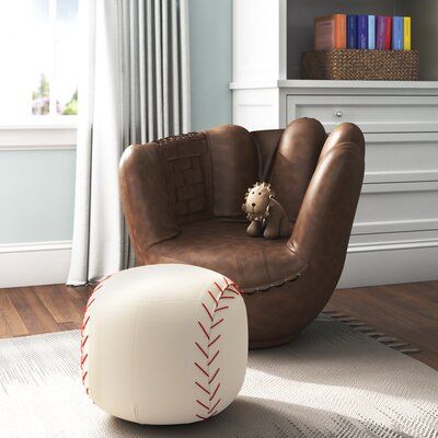 Boys Baseball Bedding, Baseball Glove Chair, Sports Theme Living Room, Boys Sports Game Room, Baseball And Football Room Ideas, Sports Themed Rooms For Boys, Baseball Themed Basement, Old School Baseball Nursery, Baseball Theme Bedroom For Boys