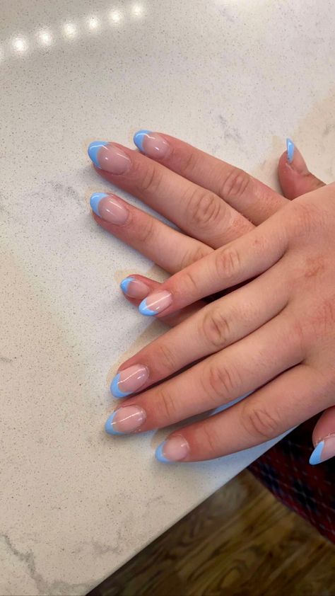 Cute Nail Designs French Tip Almond, Acrylics Nails French Tip, Nail Ideas Acrylic Almond French Tip, French Tip Extensions, Colorful Summer French Tip Nails, Square Dipped Nails, Small Dip Nails, Simple Almond Summer Nail Ideas, Light Teal French Tip Nails