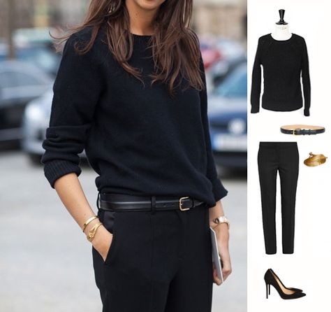 Black Wool Sweater Outfit, Black Crew Neck Sweater Outfit, Black Pullover Outfit, Crew Neck Sweater Outfit, Belt With Gold Buckle, Womens Black Sweater, Winter Pants Outfit, Feather Bracelet, Black Knit Sweater