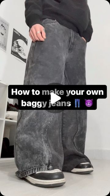 Rubenlovesfashion on Instagram: "#baggy##baggyjea" Baggy Jeans Sewing Pattern, How To Make Baggy Pants, Men Baggy Outfit Ideas, How To Make Jeans Baggy, How To Make Holes In Jeans, Baggy Jeans Pattern, How To Make Baggy Jeans, Resize Pants, How To Style Black Baggy Jeans