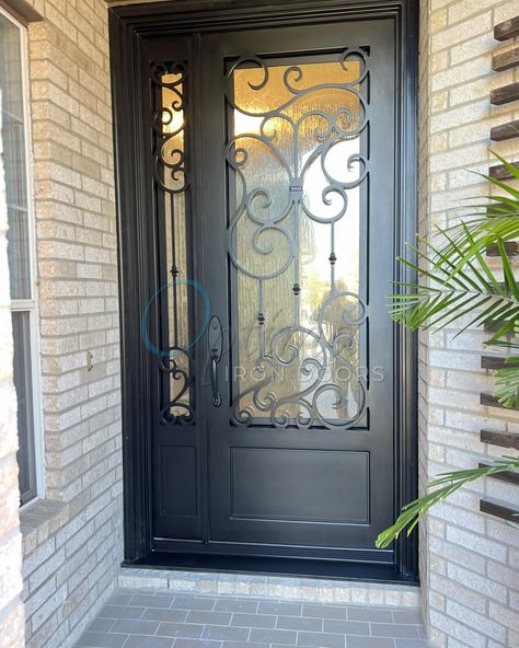 single iron door with decorative glass and sidelight Door With One Sidelight, Front Door With Sidelight, Exterior Door Installation, Door With Sidelight, Single Iron Door, Installing Exterior Door, Wrought Iron Front Door, Iron Front Door, Steel Front Door