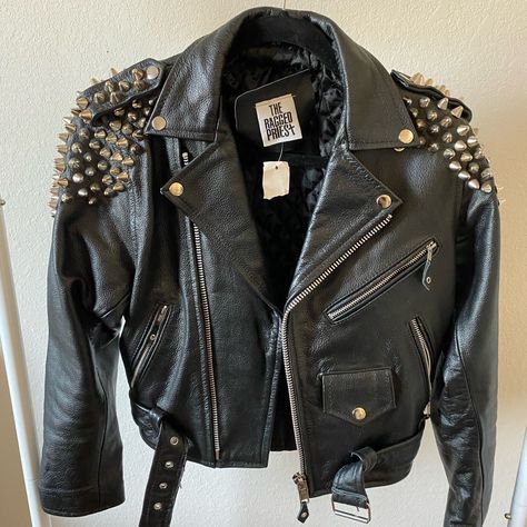 Real Leather With Studs Ragged Priest From Lf New With Tags Cropped Fit Fits Like A Xs/S Punk Battle Jacket, Debut Outfit, Black Studded Leather Jacket, Spiked Leather Jacket, Ladylike Outfits, Aesthetic Warning, Wife Clothes, Punk Jacket, Goth Stuff