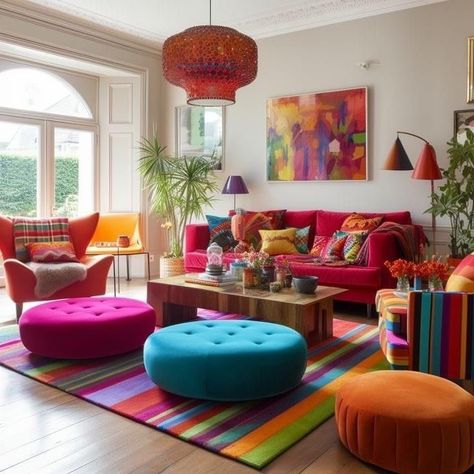 70s Living Room, Funky Living Rooms, Colorful Living Room, Vibrant Living Room, Colourful Living Room Decor, Funky Decor, Casa Vintage, Colourful Living Room, Home Aesthetic