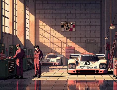 I've made a new manga frame imagining the workshop of a Porsche racing team in the 80s. It would be so cool to watch a full-length anime… | Instagram Porsche Anime, Manga Frame, Racing Anime, Porsche Racing, Just Graduated, Car Workshop, Garage Art, Futurism, Retro Futurism