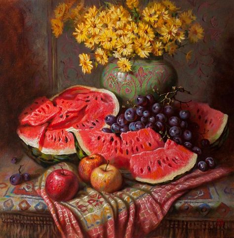 Mrtva Priroda Art, Mrtva Priroda Drawing, Watermelon Still Life, Fruit Paintings, Hyper Realistic Paintings, Oil Painting Inspiration, Fruit Picture, Fruit Painting, Still Life Drawing