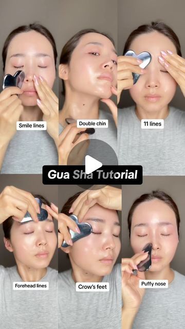 Yuri Lee on Instagram: "Gua Sha Tutorial for smile lines, double chin, 11 lines, forehead lines, crow’s feet, and puffy nose🫶 Used @guerlain watery youth oil & terahertz Gua Sha. (link in my Amazon storefront🩷) Repeat each movement 10 times🫡 #guasha #guashatutorial #smilelines #crowsfeet #frownlines #doublechin #puffyeyes #antiaging #facemassage" Smile Line Gua Sha, Guasha For Smile Lines, Gus Sha Smile Lines, Guasha Smile Lines, Gua Sha For 11 Lines, Gus Sha Tutorial, Under Eye Gua Sha, Gua Sha Frown Lines, Guasha Massage Faces Double Chin