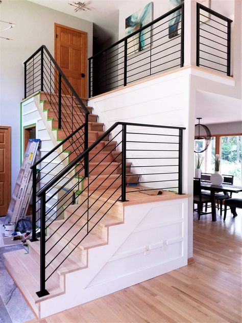 Matte Black Horizontal Rail for Interior Stairs - Great Lakes Metal Fabrication Under Stairs Dog House, Black Stair Railing, Staircase Metal, Black Railing, Indoor Railing, Metal Stair Railing, Steel Railing Design, Interior Stair Railing, Modern Railing