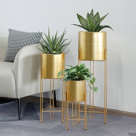 Amazon.com: TRIROCKS Set of 3 Planters With Stand Indoor Outdoor Gold Planters For Indoor Plants 29 &18 &12" Tall Morden Planters Flower Pots For Living Room Corner Kitchen Office Garden Balcony Patio Decor(Gold) : Patio, Lawn & Garden Living Room Planters, Gold Planter, Iron Planters, Indoor Flower Pots, Living Room Corner, Metal Planters, Pot Rack, Living Room Flooring, Plant Shelves