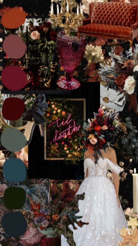 This is someone else’s collage and I love the color scheme. Two minds think a like lol Dark Romantic Wedding, Dark Wedding Theme, Wedding Color Scheme, Wedding Color Pallet, Fall Wedding Color Palette, Dark Wedding, Moody Wedding, Future Wedding Plans, Wedding Theme Colors