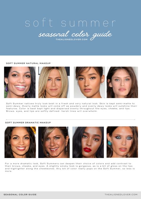 Guide to the Soft Summer Seasonal Color Palette | The Aligned Lover Soft Summer Eyeshadow Looks, Soft Summer Color Palette Celebrities, Soft Summer Dark Hair, Soft Summer Romantic Style, Soft Summer Makeup Products, Soft Summer Hair Color Palette, Soft Summer Color Palette Hair, Soft Summer Color Palette Makeup, Romantic Soft Summer