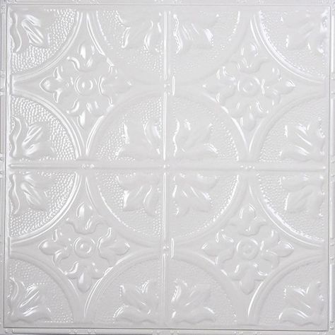 Give your ceiling a wonderfully new-fashioned look by installing this AMERICAN TIN CEILINGS Pattern Bright White Gloss Nail Up Tin Ceiling Tile. Painted Tin Ceiling Tiles, American Tin Ceiling, Metal Ceiling Tiles, Panel Ceiling, Tin Ceilings, Tin Panel, Tin Tiles, Tin Ceiling Tiles, Tin Ceiling