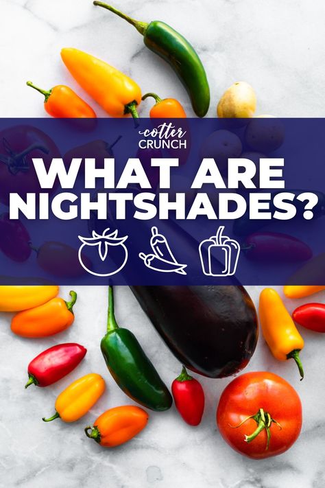 What are nightshades? In this post, we reveal the foods in the nightshade list of plants and explain why they're toxic for some people. Find out about nightshade allergies, too! #nightshadefree #nightshades #reduceinflammation #antiinflammatory #aip Nightshades List, Cotter Crunch, Nightshade Plant, Fod Map, Nightshade Vegetables, Nightshade Free Recipes, Inflammation Recipes, Functional Nutrition, Anti Inflammation Recipes