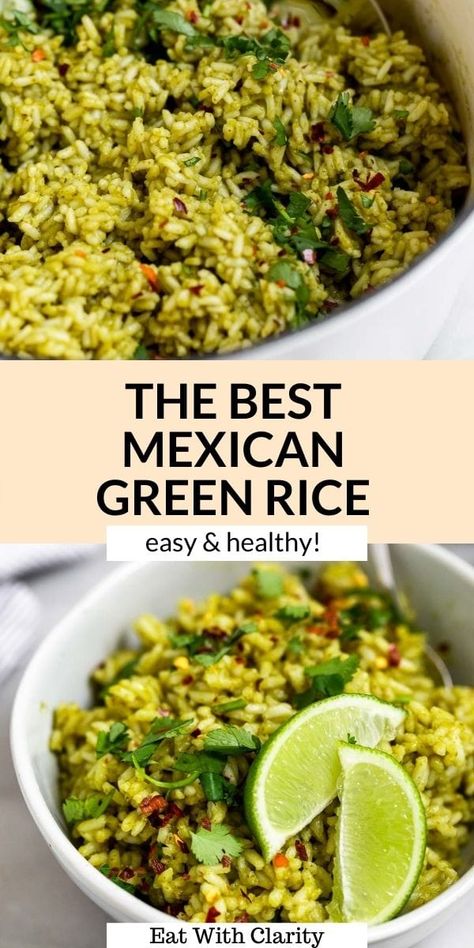 This Mexican green rice recipe is a simple one pot dish that's perfect for tacos, burritos, buddha bowls and more. This vegan green rice recipe is flavorful with fresh herbs and even freezer friendly. #greenrice #rice Green Rice Recipe, Grain Dishes, Rice Side Dish Recipes, Mexican Rice Recipes, Vegetarian Chicken, Green Rice, Rice Side, Vegetarian Foods, Rice Side Dishes