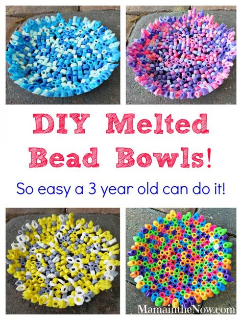 These bright and cheerful melted Perler fuse bead bowls are so easy a three year old can make them! Actually our three year old DID make these. Tomorrow our six and eight year olds want to make some too, because they felt like they missed out on ALL the fun! These bowls are surprisingly durable and … … Continue reading → Melted Bead Bowl, Melted Bead Crafts, Handmade Teacher Gifts, Bead Bowl, Diy Bowl, In The Now, Melting Beads, Cadeau Diy, Crafts For Kids To Make