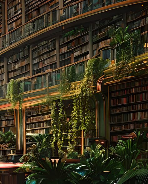 Dreamscape Library, Fantasy Study Room, Library With Plants, Magical School Aesthetic, Eco Library, Dream Library Cozy Reading Room, Sims Library, Little Cottage House, Forest Library