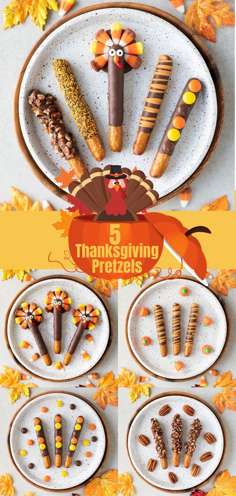 Chocolate dipped pretzel rods decorated into Turkeys and autumn-themed toppings. Turkey Pretzels, Thanksgiving Dip, Pumpkin Pretzels, Chocolate Pretzel Rods, Thanksgiving Chocolates, Best Thanksgiving Appetizers, Thanksgiving Desserts Kids, Thanksgiving Appetizers Easy, Reese's Pieces