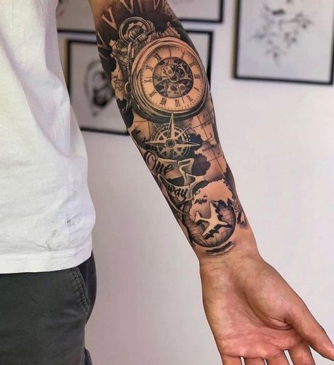 108 Tattoo, Tattoo Avant Bras, Clock And Rose Tattoo, Nautical Tattoo Sleeve, Arm Tattoos For Guys Forearm, Tattoo Homme, Men's Tattoos, World Map Tattoos, Knee Tattoos