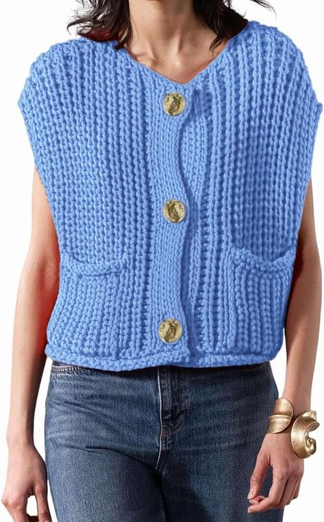 Women's Fashionable Sleeveless Short Knitted Sweater Vest Button Cardigan with Pockets(BLUE,M) at Amazon Women’s Clothing store Crochet Cardigan Vest, Crochet Sleeveless Sweater, Chunky Knit Vest, Knitted Sweater Vest, Womens Knit Tops, Sleeveless Sweater Vest, Cardigan With Pockets, Casual Vest, Button Cardigan