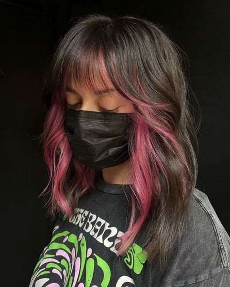 Dark Brown Hair With Pops Of Color, Brown And Coral Hair, Short Brown Hair With Peekaboo Color, Vivid Highlights Brown Hair, Bottom Layer Of Hair Dyed, Emo Highlights, Colored Curtain Bangs, Under Hair Dyed, Black Hair Pink Tips