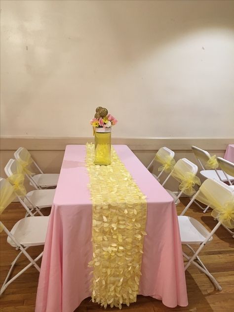 Pink tablecloths with yellow runners and Minnie Mouse centerpieces Pink And Yellow Decorations, Pink And Yellow Graduation Party, Pink And Yellow Party Decorations, Pink And Yellow Sweet 16, Pink And Yellow Baby Shower Ideas, Yellow And Pink Party, Pink And Yellow Birthday Party, Yellow Graduation Party, Minnie Mouse Centerpieces