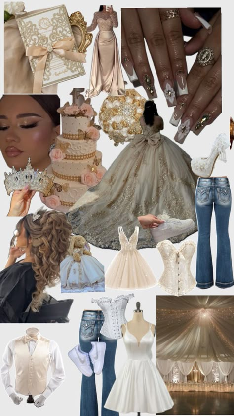 Golden and white quince! Quincenera Dresses Champagne, White And Gold Quinceanera Dresses, Champagne Quinceanera Theme, Gold Quinceanera Theme, Gold Quince Dress, Baby Blue Quinceanera, Quinceanera Dances, White Quince, Quinceanera Theme