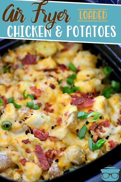 Air Fryer Loaded Chicken and Potatoes is a meal in one! Chicken, potatoes mixed with seasonings and topped with melted cheese and bacon! Loaded Chicken And Potatoes, Bacon Potatoes, Panini Grill, Loaded Chicken, Potatoes Chicken, Chicken And Potato, Chicken And Potatoes, Turkey Breast Recipe, Air Fried Food