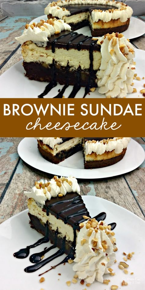 Fudge Cheesecake Recipes, Brownie Sundae Cheesecake, Cheesecake Topped Brownies, Hot Fudge Brownie Cheesecake, Cheesecake Factory Cheesecake Recipes, Cake With Cheesecake Layer, Chocolate Chip Brownie Cheesecake, Popular Cheesecake Flavors, Fudge Brownie Cheesecake