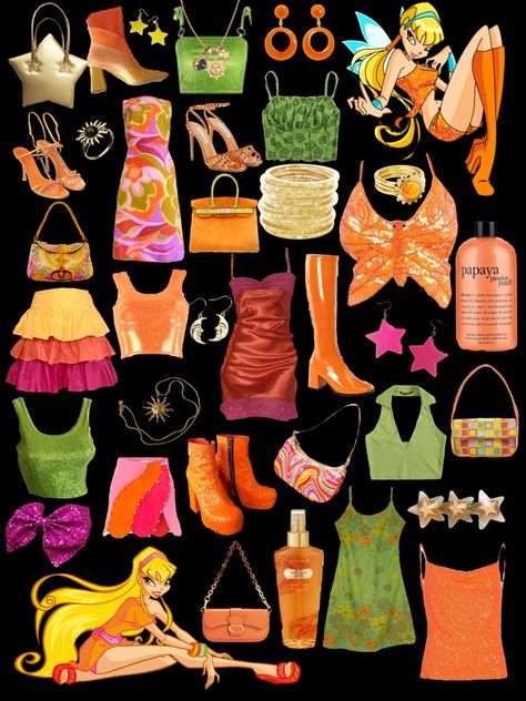 Winx Club Style Outfits, Stella Winx Inspired Outfits, Stella Winx Club Halloween Costume, Wind Inspired Outfits, Winxcore Outfits, Wind Club Outfits, Winx Club Aesthetic Stella, Winx Aesthetic Outfit, Winx Bloom Outfits