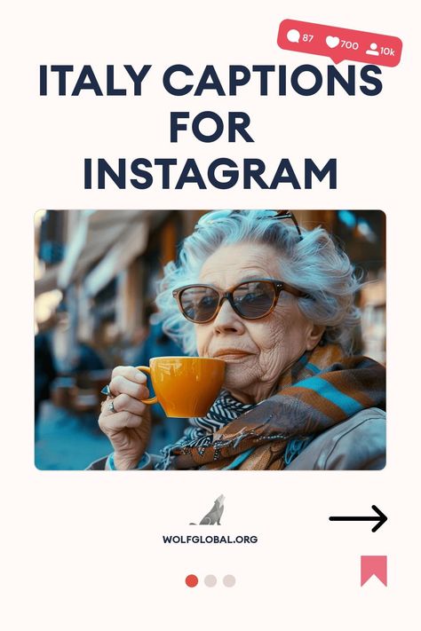 Graphic for "Italy Captions for Instagram," featuring an elderly woman sipping from a yellow cup.
A checklist of playful Italian travel experiences with corresponding emojis and a website link.
Young woman with a laptop surrounded by social media engagement icons, promoting wolfglobal.org. Italy Instagram Captions, Italy Quotes, Italy Instagram, Captions For Instagram Posts, The Sistine Chapel, My Camera Roll, Roman Holiday, Sistine Chapel, Captions For Instagram