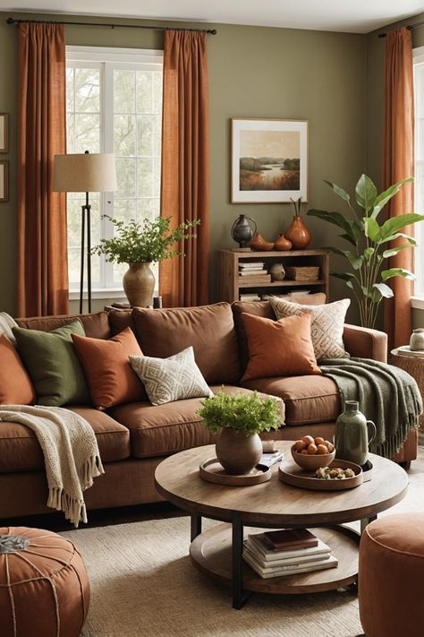 21 Brown Sofa Living Room Ideas – The Dear Lab Orange Brown Couch, Brown Green Living Room Ideas, Green Brown Interior, Orange Couch Living Room, Brown Sofa Living Room Ideas, Brown And Green Living Room, Burnt Orange Living Room, Room Decor Brown, Neutral Living Room Decor