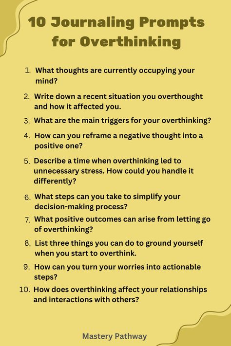 10 Journaling Prompts for Overthinking Writing Prompts For Overthinking, Journal Prompts For Overthinkers, Trigger Journal Prompts, Journal Prompts For Triggers, Journaling Overthinking, Coping Mechanism For Overthinking, Journaling For Overthinking, Ocd Journaling Prompts, How To Overcome Overthinking