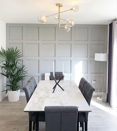 The panelling in @numberoneredwood dining room is super stylish, painted in @farrowandball Manor House Grey it really sets the most elegant tone. Would you go for a dark or light finish? #loverenovate #panelling #farrowandball #manorhousegrey #renovation #renovating #toptips #interiorlover #renovate #renovatedhome #homerenovations  #loverenovation #interiordesign #myhousethismonth #ourrenovationproject #internalrenovation Kitchen Diner Decor, Dining Room Feature Wall, Dining Room Paneling, Panels Design, Dining Room Accent Wall, 8 Seater Dining Table, Panel Ideas, Room Accent Wall, Kitchen Artwork