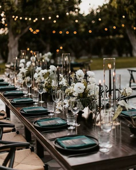 Midnight Green Wedding Theme, Flowers For Dark Green Wedding, Wedding Theme Dark Green, Green And White Summer Wedding, Moody Black And Green Wedding, Black White And Emerald Green Wedding Table Settings, Emerald Green Outdoor Wedding, Emerald Moody Wedding, Racing Green Wedding